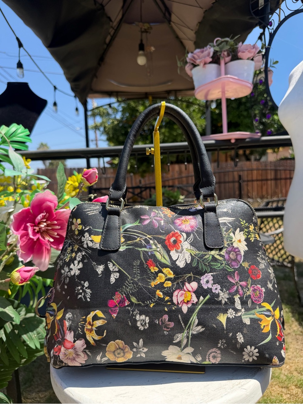 Othr Black Floral Dome Satchel Handbag with Multicolor Bloom Print